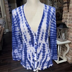 CHICO's Cardigan Blue Tie Dye Size 0 w 3/4 Sleeves Linen Sweater KNIT TOP